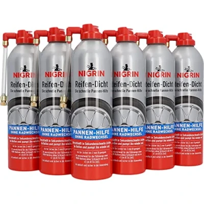 Abbildung von NIGRIN Reifendicht, 6 x 500 ml, sofortige Pannenhilfe, Reifendichtmittel repariert Löcher im Reifen Handumdrehen ohne Montage