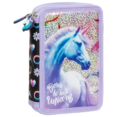 Abbildung von Ragusa Trade Mädchen Kinder Pferde Einhorn Unicorn 2 Fach Federtasche Federmappe Schlamper 27 TLG. gefüllt (KO23), lila/Glitzer, 21 x 12 4 cm