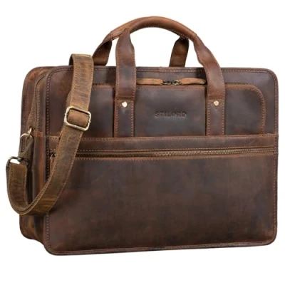 Abbildung von STILORD &#039;Yves&#039; Aktentasche Herren Damen Leder Arbeitstasche Dokumententasche 15,6 Zoll Laptoptasche Businesstasche Lehrertasche echtes Rindsleder, Farbe:mittel braun