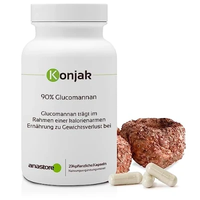 Abbildung von KONJAC (Glucomannan) * 90% Glucomannan Gehalt Ausgezeichneter natürlicher Appetitzügler Fördert die Darmtätigkeit 234 vegetarische Kapseln