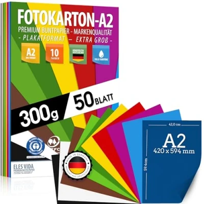 Abbildung von 50 Blatt BUNTES PAPIER DIN A2 300g/m² Fotokarton Set 10 Farben Bastelpapier &amp; Farbige Blätter Pappe, Kinder DIY Bogen, Zubehör Basteln Fotoalbum BLAUER ENGEL zertifiziert MADE IN GERMANY