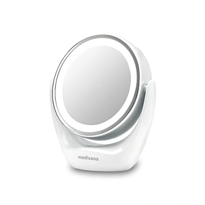 Abbildung von medisana cm 835 Kosmetikspiegel mit LED Beleuchtung, Tischspiegel 5 facher Vergrößerung, Schminkspiegel, Doppelseitig, 360 schwenkbar, Weiß, 40 x 30