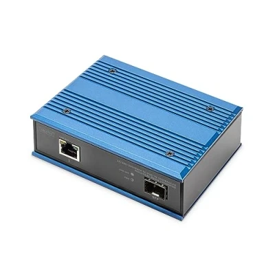 Abbildung von DIGITUS industrieller Gigabit PoE Medienkonverter 1 RJ45 Port, SFP Port 10/100/1000 Mbps 30W Leistungsbudget Hutschienenmontage IP40 Schutzklasse schwarz,blau