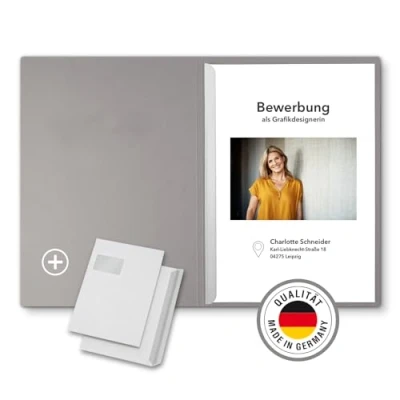 Abbildung von 3 Stück 2 teilige Bewerbungsmappen Grau mit 1 Klemmschiene in feinster Lederstruktur inkl. Versandumschläge im C4 Format Fenster