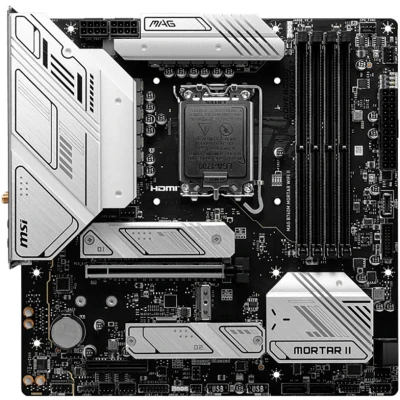 Abbildung von MSI MAG B760M Mortar WiFi II Motherboard, mATX Unterstützt Intel Core Prozessoren der 12., 13. und 14. Generation, LGA 1700, DDR5 7800+MHz/OC, 1x PCIe 5.0 x16, 3 x M.2 Gen4, 2.5G LAN, Wi Fi 6E