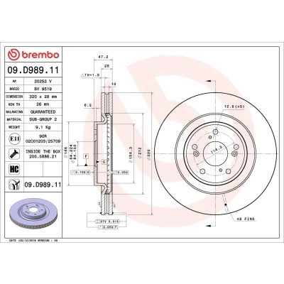 Abbildung von BREMBO 09.D989.11 Bremsscheibe 320 28 5 innenbelüftet beschichtet hochgekohlt mit Schrauben