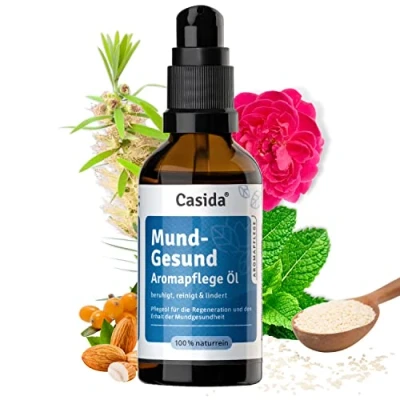 Abbildung von Casida® Mund Gesund Aromapflege Öl Beruhigendes Pflegeöl für den Erhalt der Mundgesundheit auch bei Mundtrockenheit, trockener aus 100% naturreinen Ölen ideal zum Ölziehen 50 ml