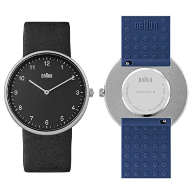 Abbildung von Braun 2 Zeiger Quarz Analoguhr, schwarzes Zifferblatt und Lederarmband mit zusätzlichem blauen Silikon Kautschukarmband, Schnellverschluss Federstege, 38 mm, Modell BN0281BKBLG