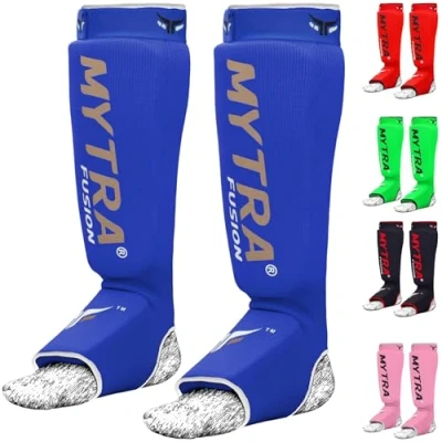 Abbildung von Mytra Fusion Schienbeinschoner Kickboxen MMA Muay Thai Karate Pads Crossfit Boxen (L/XL, Blue)