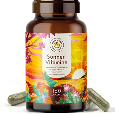 Abbildung von Vitamin D3 + K2 hochdosiert 4.000 IE 160 Kapseln vitaMK 7, 99,99% All Trans und pflanzliche Omega 3 Fettsäuren aus Leinsamen Algen SONNENVITAMINE