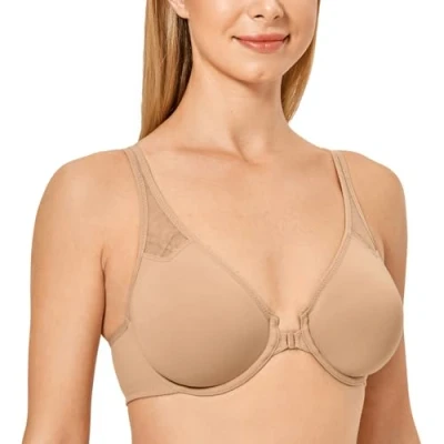 Abbildung von DELIMIRA Damen Vollschalen Vorderverschluss Seamless BH mit Bügel Ungepolster BHS Große Brüste Racerback Natürlich 95C