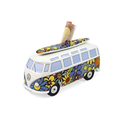 Abbildung von BRISA VW Collection Volkswagen Spar Büchse Schwein Dose mit Surfbrett im T1 Bulli Bus Samba Design (Flower Power/Bunt)