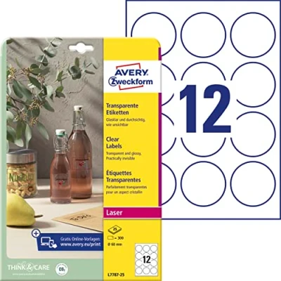 Abbildung von AVERY Zweckform L7787 25 transparente runde Etiketten (300 Klebepunkte, Ø60 mm auf A4, Aufkleber zum Bedrucken, selbstklebend, wetterfest, Beschriftungen/Produktaufkleber) Blatt, durchsichtig