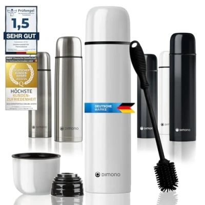 Abbildung von Edelstahl Thermosflasche mit Becher &amp; Bürste; Thermoskanne Doppelwandige Isolierkanne; Auslaufsicher, Spülmaschinenfest BPA frei + Reinigungsbürste; hält Getränke heiß kalt (Weiß 1000 ml)