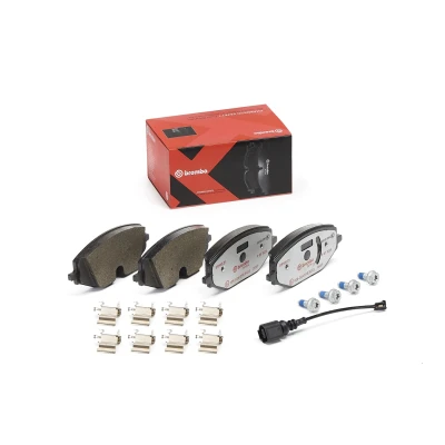 Abbildung von BREMBO P 85 182X Bremsbelagsatz inkl. Verschleißwarnkontakt mit Bremssattelschrauben, Anti Quietsch Blech Zubehör
