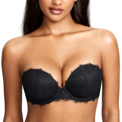 Abbildung von DOBREVA Damen Trägerloser Push Up BH Spitzen Tiefer Ausschnitt Bügel BHS Gepolsterter mit Abnehmbaren Trägern Schwarz 70B