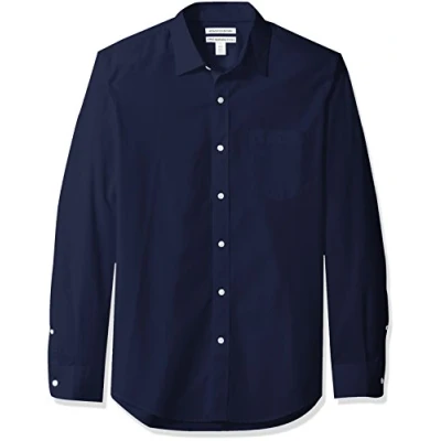 Abbildung von Amazon Essentials Herren Langärmeliges Hemd aus Popeline, Schmale Passform, Marineblau, L