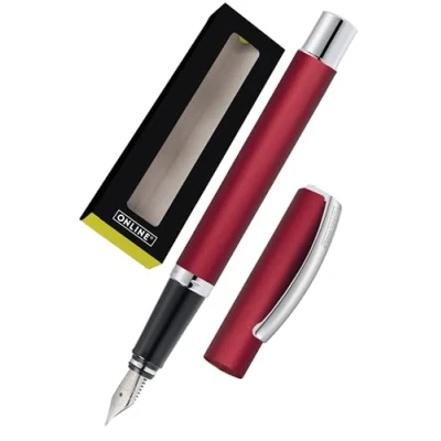 Abbildung von ONLINE Füller Vision Wild Berry I Eleganter Füllfederhalter mit Iridium Feder M &amp; mattierter Aluminium Oberfläche Für Standard Tintenpatronen Konverter roter Füllhalter in Geschenkverpackung