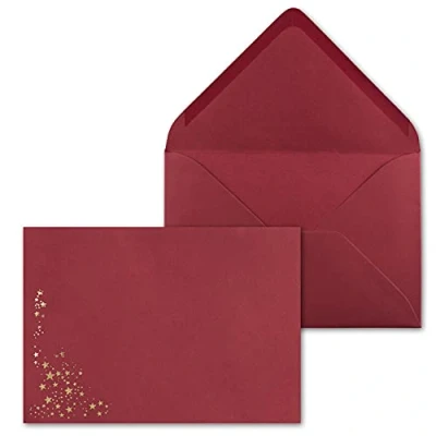 Abbildung von 50x Weihnachts Briefumschläge DIN C5 mit Gold Metallic geprägtem Sternenregen, festlich matter Umschlag in dunkelrot Nassklebung, 110 g/m² 154 x 220 mm Marke: GUSTAV NEUSER