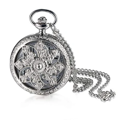 Abbildung von JewelryWe Retro Kamelie Blume Taschenuhr Damen Unisex Analog Quarz Uhr mit Halskette Kette Pocket Watch Geschenk Silber