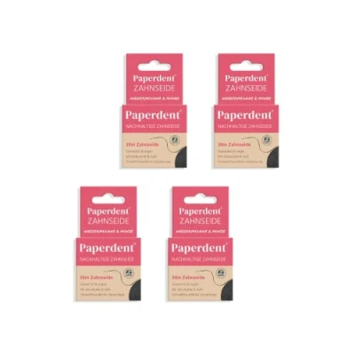 Abbildung von Paperdent® 4er Set Zahnseide Wassermelone Minze gewachst, vegan, umweltfreundlich verpackt