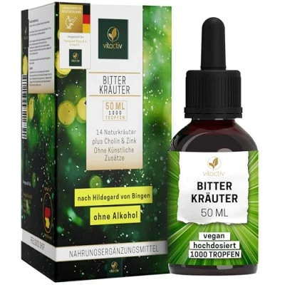 Abbildung von VITACTIV Bitterkräuter Bittertropfen Ohne Alkohol Erlesene Kräuter plus Cholin &amp; Zink Bitterstoffe Tropfen nach Hildegard von Bingen Künstliche Zusätze, Zuckerfrei, Vegan 50ml