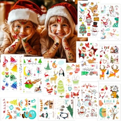 Abbildung von Tattoo Kinder Weihnachten,Jusduit Einhorn Weihnachtsmann Elch Schneeflocken Tattoos Set,Temporäre Aufkleber Frohe Weihnachten für Mädchen Jungen Kindergeburtstag Mitgebsel Party
