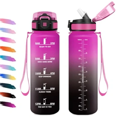 Abbildung von Sportflasche 1L, Auslaufsicher Trinkflasche mit Strohhalm, Wasserflasche Kohlensäure Geeignet, Motivierende Zeitmarkierung, für Klettern, Reisen, Fitnessstudio, Gym