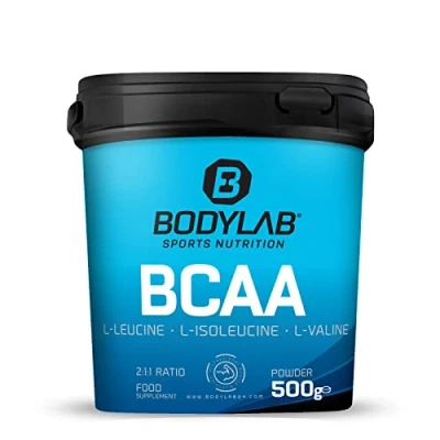 Abbildung von Bodylab24 BCAA Powder 500g, Pulver hochdosiert, Leucin, Isoleucin und Valin im Verhältnis 2:1:1, Branch Chain Amino Acids, ideal zum Zumischen zu einem Proteinshake oder Wasser, geschmacksneutral