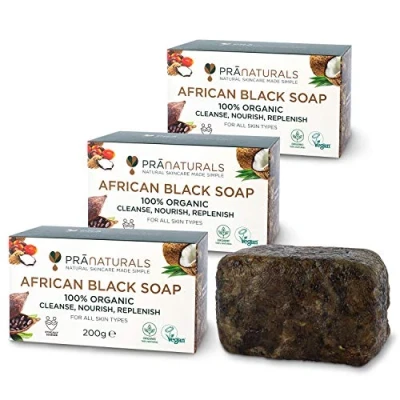 Abbildung von PraNaturals Organisch Afrikanische Schwarze Seife 3x 200g, Vegan Kosmetik, Für Alle Hauttypen, Handgefertigt Im Tropischen Ghana