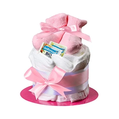 Abbildung von Windeltorte Mädchen in Rosa mit Babysocken, Geschenke zur Geburt für die Mutter, Taufe oder Baby Party Geschenkidee neugeborene Windeln Inklusive Glückwunschkarte