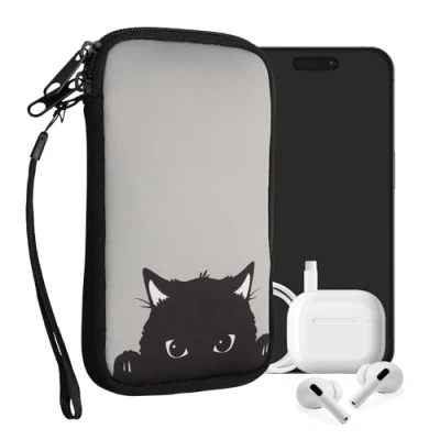 Abbildung von kwmobile Handytasche für Smartphones L 6,5&quot; Neopren Handy Tasche Hülle Cover Case Schutzhülle Neugierige Katze Grau Schwarz 16,5 x 8,9 cm Innenmaße