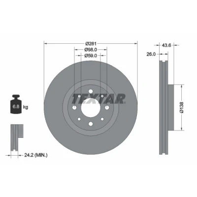 Abbildung von TEXTAR PRO 92107703 Bremsscheibe 281 26 04/08 98 innenbelüftet beschichtet ohne Radbefestigungsbolzen, Radnabe FIAT: BRAVO 2, Stilo Multi Wagon