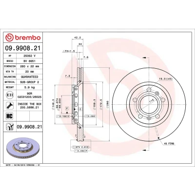 Abbildung von BREMBO COATED DISC LINE 09.9908.21 Bremsscheibe 280 22 5 innenbelüftet beschichtet hochgekohlt mit Schrauben AUDI: A8 D3, VOLKSWAGEN: Phaeton