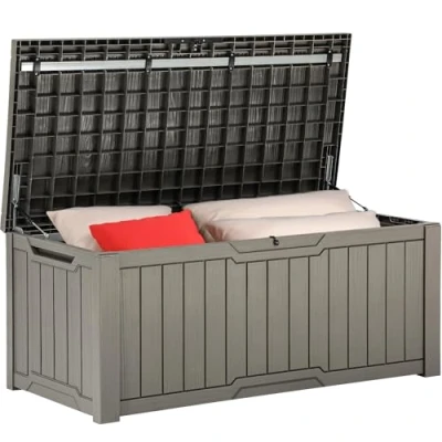 Abbildung von YITAHOME Außenspeicherbox 120 Gallonen wasserdichte Deckbox für Gartengeräte Terrassenkissen Swimmingpool Zubehör verschließbar einfach zusammenzubauen vielseitiger Sitzbank oder Tisch,hellbraun
