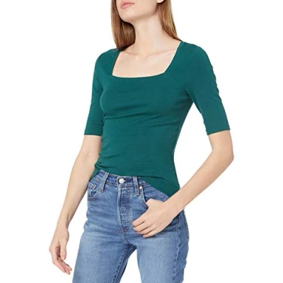 Abbildung von Amazon Essentials Damen Halbarm T Shirt mit eckigem Ausschnitt in schmaler Passform, Dunkelgrün, M