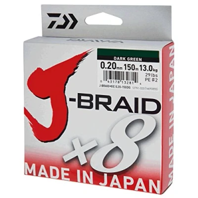 Abbildung von Daiwa J Braid 8 0.06mm, 4,0kg/9,0lbs 300m dunkelgrün, rund geflochtene Angelschnur