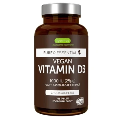 Abbildung von Vitamin D3 1000 IE vegan, 1 Jahresvorrat, Cholecalciferol, 100% pflanzlich aus Algenextract, 365 Tabletten, von Igennus