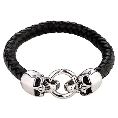 Abbildung von DonDon Herren Lederarmband schwarz geflochten mit einem Totenkopf Verschluss