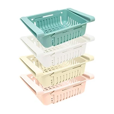 Abbildung von Satz mit 4 Kühlschrank Schubladen als Organizer / Kunststoff Aufbewahrungsbox Ausziehbare Fridge (blau, weiß, rosa, beige)