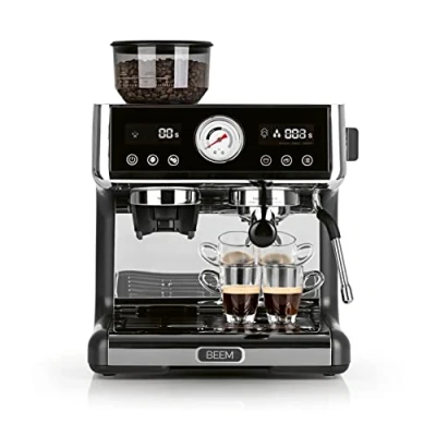 Abbildung von BEEM Espresso GRIND EXPERT Premium Siebträgermaschine mit Mahlwerk 2 Thermoblöcke Extraktions und Mahlzeitanzeige, Edelstahl, Silber schwarz