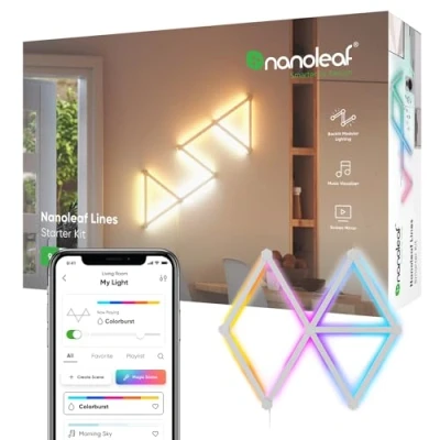 Abbildung von Nanoleaf Lines 60 Grad Starter Kit, 9 Smarten LED RGBW Lichtleisten Modulare WLAN 16 Mio. Farben Wandleuchte Innen, Musik &amp; Bildschirm Sync, Funktioniert mit Alexa Google Apple, für Deko Gaming