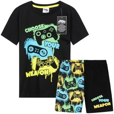 Abbildung von CityComfort Schlafanzug Kinder Jungen Teenager Sommer Baumwolle Pyjama Set Atmungsaktiv und Bequem Gaming Kurze Schlafanzüge (9 10 Jahre, Schwarz/Mehrfarbig)