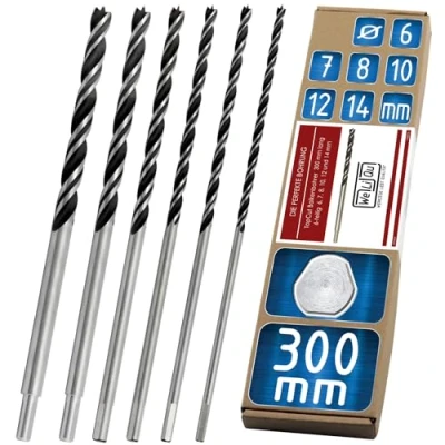 Abbildung von WELIQU Holzbohrer Set 6 teilig, 300 mm lange Balkenbohrer 6,7,8,10,12,14 mit TopCut Schliff: Exakt Schnell Sauber, Länger scharfe HCS/CV Holzspiralbohrer, 30 cm Bohrer für Holz