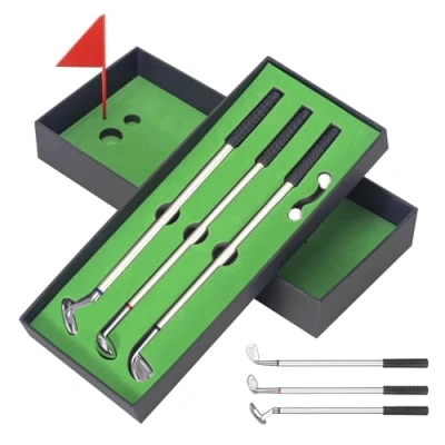 Abbildung von MumdoYAL Golf Geschenke für männer,3 Golfschläger Kugelschreiber,minigolf zuhause,Mini Kugelschreiber,Mini Home Set,mit schwarzer Geschenkbox,Geschenk Golfer Fans