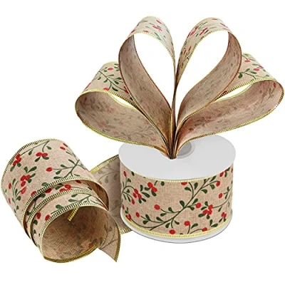 Abbildung von Belle Vous Sackleinen Band Geschenk Schleifenband 20 m x 6,3 cm Breites Glitzerndes Organzaband mit Beeren Muster und Draht Deko für Weihnachtsfeier, Christbaum &amp; Geschenke