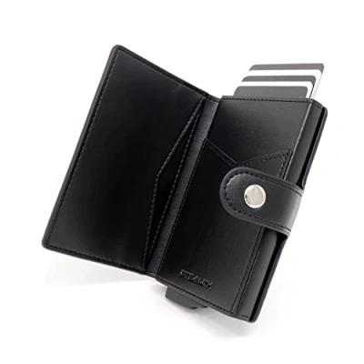 Abbildung von Stealth Wallet RFID Kartenportmonai Herren Minimalistische Pop Up Portemonnaies mit Geschenkbox Leichte Metall Kreditkartenhalter für Männer (Schwarzes Leder, ID Tasche)