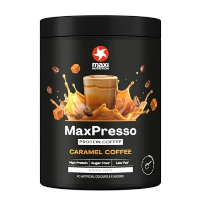 Abbildung von MaxiNutrition MaxPresso Caramel, Protein Kaffee, Whey Coffee Pulver, 21g Eiweiß pro Portion, Zuckerfrei &amp; fettarm, Warm kalt genießbar