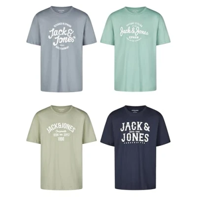 Abbildung von JACK &amp; JONES Tshirt Herren Regular Fit JJLINO 4er Pack Set Rundhals Kurzarm Sommer Tee Shirt Print, Größe:L, Farbe:Pack 1