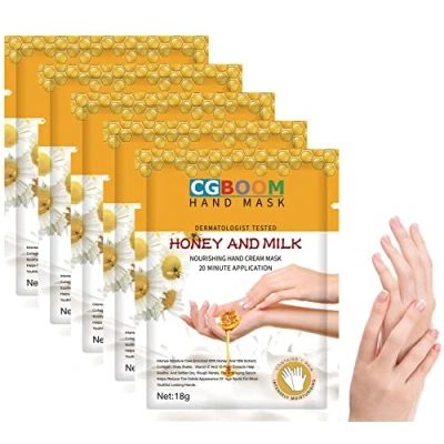Abbildung von Handmasken, 5 Paar feuchtigkeitsspendende Handschuhe, Peeling pflegende, weiche Handpflege, für trockene und rissige Hände (Honig Milch)